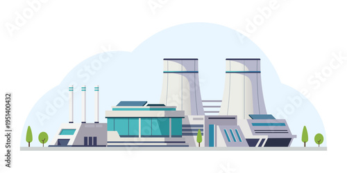 Industrial factory complex in flat style on light background showing energy production concept. Vector illustration