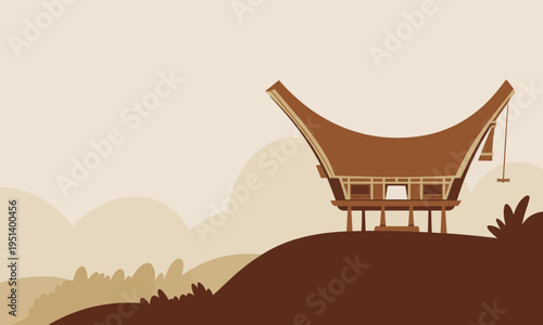 Traditional Toraja Tongkonan House Illustration in Minimalist Style
