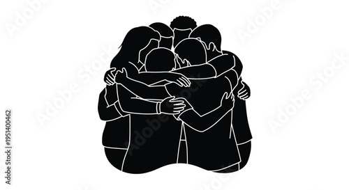 Group of people embracing in a close huddle black silhouette