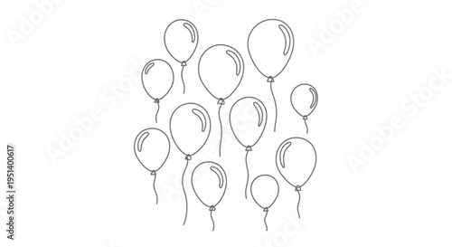 A cluster of floating balloons depicted in a minimalist line art silhouette