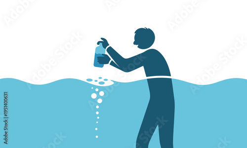 Man Pouring Bottle of Water Into the Ocean Illustration