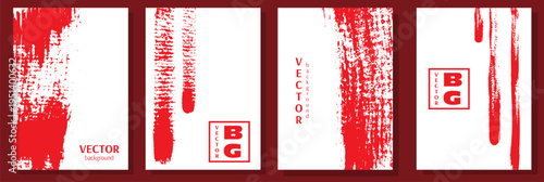 Set of vertical templates with red brush stroke texture. Hand drawn scratches splatter grunge distressed backgrounds. Chinese or   japanese style. Grainy bold texture for poster, banner, presentation