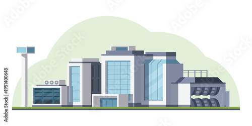 Large modern factory complex in flat style on light backdrop symbolizing industry and manufacturing growth. Vector illustration