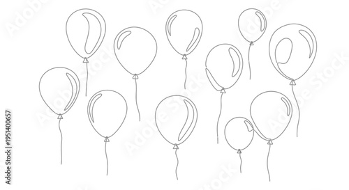 A collection of hand drawn balloons floating upwards linear silhouette