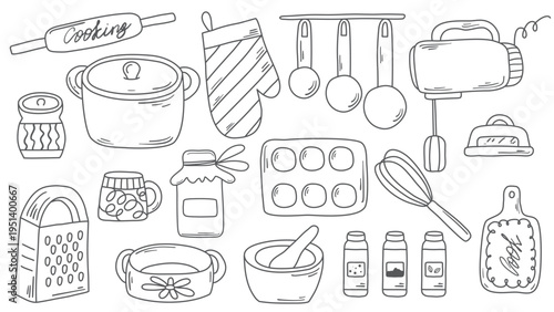 Set of kitchen utensils for cooking in doodle sketch style. Hand drawn ink illustrations include dishes, utensils, pancakes with spices, and kitchen tools. Vector elements