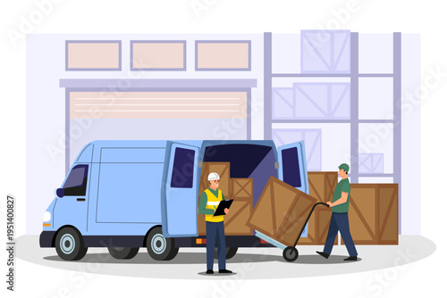 Workers loading cargo crates into a van in flat style on warehouse background, concept of transportation logistics. Vector illustration