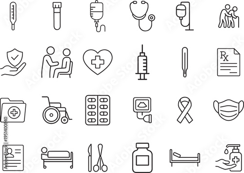 Medical vector icon set, thermometer, test tube, IV drip, stethoscope, patient, cross, syringe, prescription, wheelchair, pills, mask, hospital bed, surgical tools