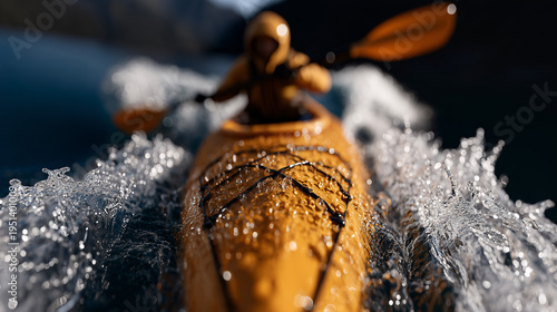 An orange kayak is shown from behind with water droplets on the hull.