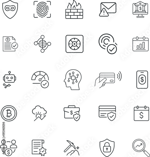 Technology vector icon set, mask, fingerprint, firewall, bank, document, network, safe, robot, AI, payment, bitcoin, cloud, mining, shield, analysis