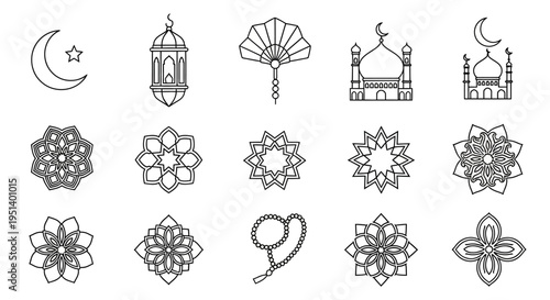 Collection of Islamic culture icons including moon, star, mosque, lantern, and geometric patterns