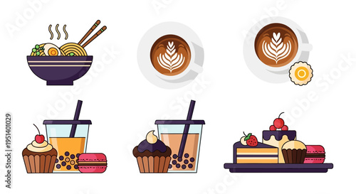 A delightful assortment of popular comfort food and beverage illustrations, featuring ramen, lattes, bubble tea, cupcakes, and elegant macarons, perfect for menu design or cafe branding