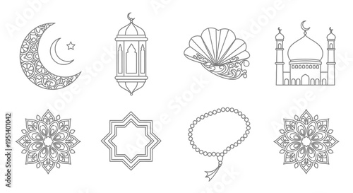Ramadan and Eid celebration icons including crescent moon, mosque, lantern, prayer beads, and Islamic geometric patterns