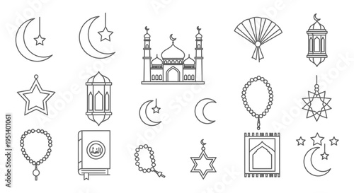 Modern Outline Vector Icons Set for Islamic Culture and Observances Mosque, Crescent Moon, Stars, Lanterns, Prayer Beads, Holy Book, Prayer Mat Symbols