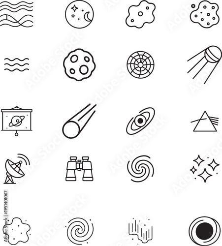 Astronomy vector icon set, waves, moon, asteroid, nebula, target grid, satellite, projector, comet, galaxy, prism, radar dish, binoculars, stars, aurora, black hole