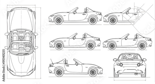 Modern Sports Car Roadster AutoCAD Blueprint Vector – Multi View Automotive Technical Drawing