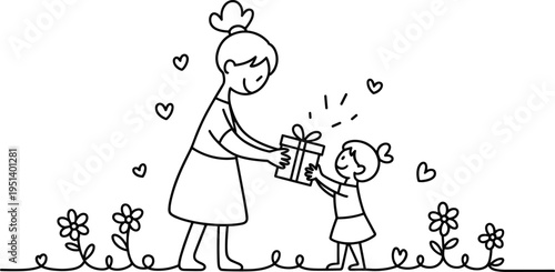 Mother teaching young child to plant flowers in garden