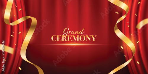 Grand ceremony opening red golden luxury with curtain open and  confetti. modern business elegant promotional design.