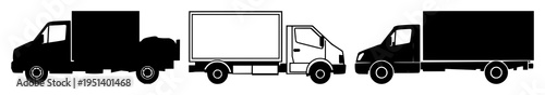 Delivery truck set with clean geometric outline icon featuring transport, logistics, freight with charcoal gray and flat two-dimensional