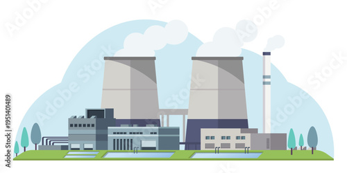 Industrial factory with cooling towers in flat style on light background concept of energy production. Vector illustration