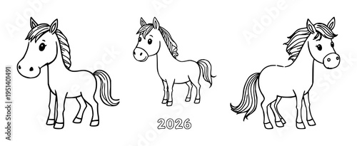 Horse cartoon character set with doodle style illustration featuring cute animal, friendly mare, playful pony with thick marker lines and white background