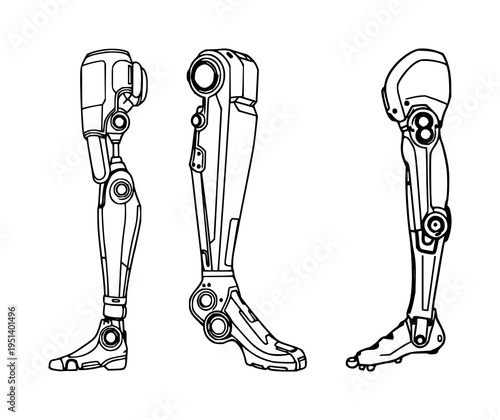 Futuristic bionic prosthetic leg set with fine line art design featuring high-tech mobility, artificial limb, and cybernetic technology with advanced robotics and modern healthcare