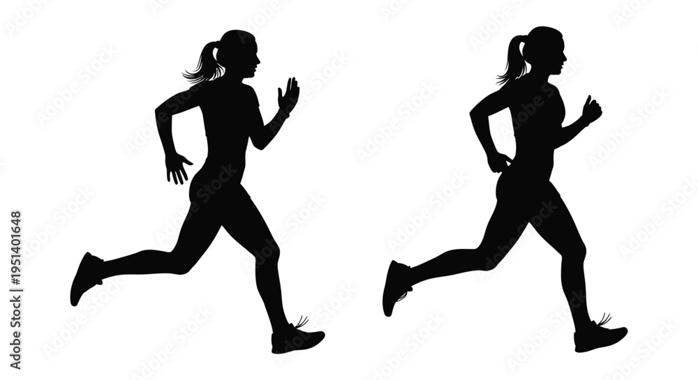 Fototapeta premium Two women running depicted in a dynamic black silhouette