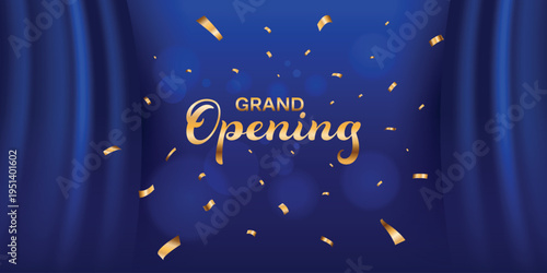 Grand opening luxury with curtain open and golden confetti. Modern business elegant promotional design.