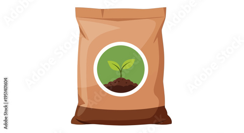 Flat lay of a brown seed bag with a green plant logo on a white background