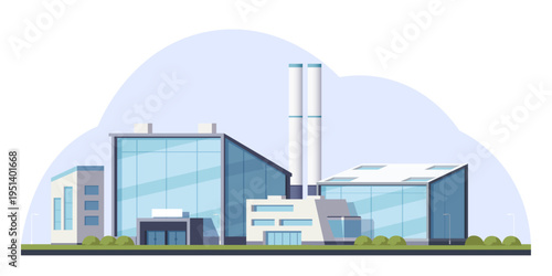 Large modern factory buildings shown in clean flat style on a light background, conveying an industry and production concept. Vector illustration