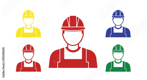 Colorful construction worker icons displaying various hard hat colors silhouette