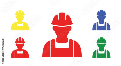 Colorful construction worker icons depicting safety and industry silhouette