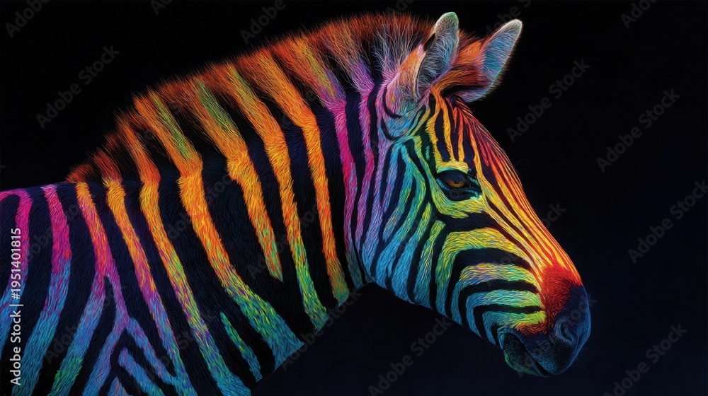 Fototapeta premium Zebra head displaying multicolor stripes on black background