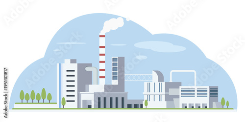 Factory complex shown with flat style on a light sky background representing industry and development. Vector illustration