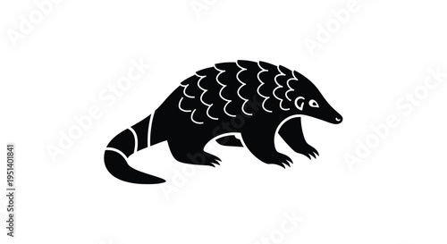 A striking black pangolin illustration with detailed scale texture silhouette