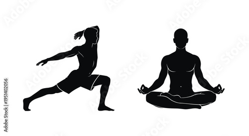 Two figures practicing yoga poses a dynamic black silhouette