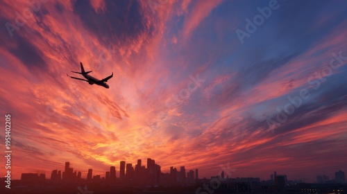 Airplane silhouetted flying over city skyline at sunset