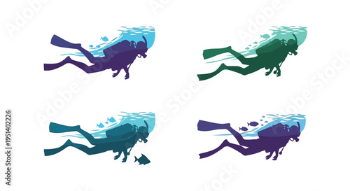 Four scuba divers exploring underwater presented as a striking silhouette