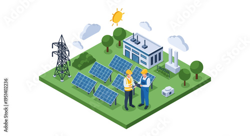 Isometric illustration of two engineers discussing solar panels and a residential building with a power transmission tower in the background on a green landscape.