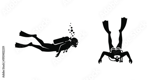 Two scuba divers in dynamic poses depicted as a bold silhouette