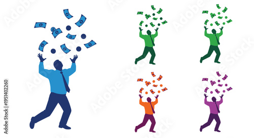 People celebrating financial gain with money falling from above silhouette
