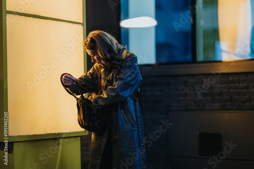 Obraz na plátne Young woman in a leather coat searching through her handbag under warm street lighting