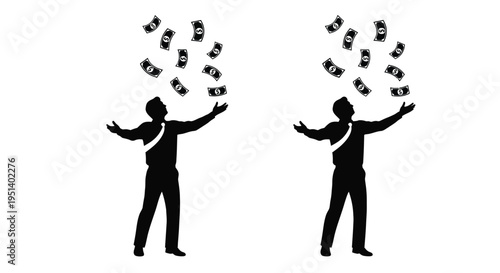 Man joyfully catching falling money depicted in a striking silhouette