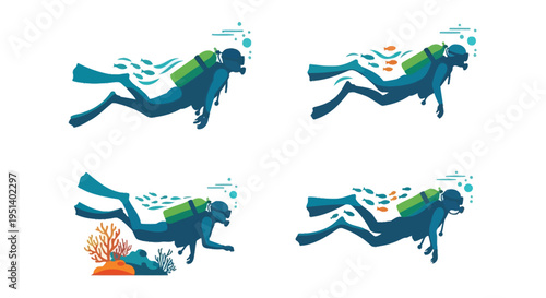 Four scuba divers swimming underwater depicted in a flat graphic silhouette