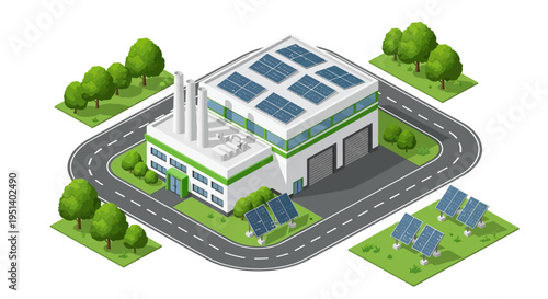 Isometric illustration of a modern eco-friendly factory building with solar panels on the roof surrounded by trees and wind turbines
