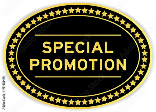 Black and gold color oval label sticker with word special promotion on white background