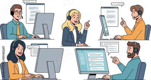 Customer support team call center service communication headset operators concept