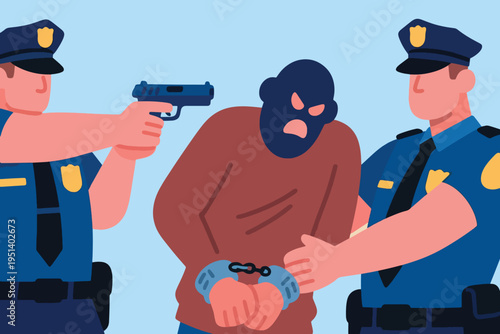 Illustration Of A Police Officer Catching A Thief, And Another Police Officer Brandishing A Gun As A Precaution Vector Design Template