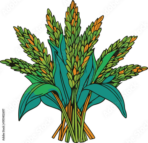 Colorful bold line art sticker of a rice plant cluster, simple agricultural crop concept, white background