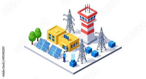 Isometric illustration of a modern industrial complex with solar panels, a control tower, and vehicles on a white background.