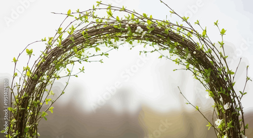Spring Archway with Delicate Green Leaves and Blossoms, Natural Garden Entrance